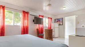 Un dormitorio con cama, televisión, silla y escritorio.