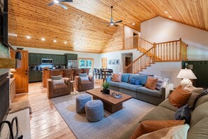 Smart TV, fireplace, books
