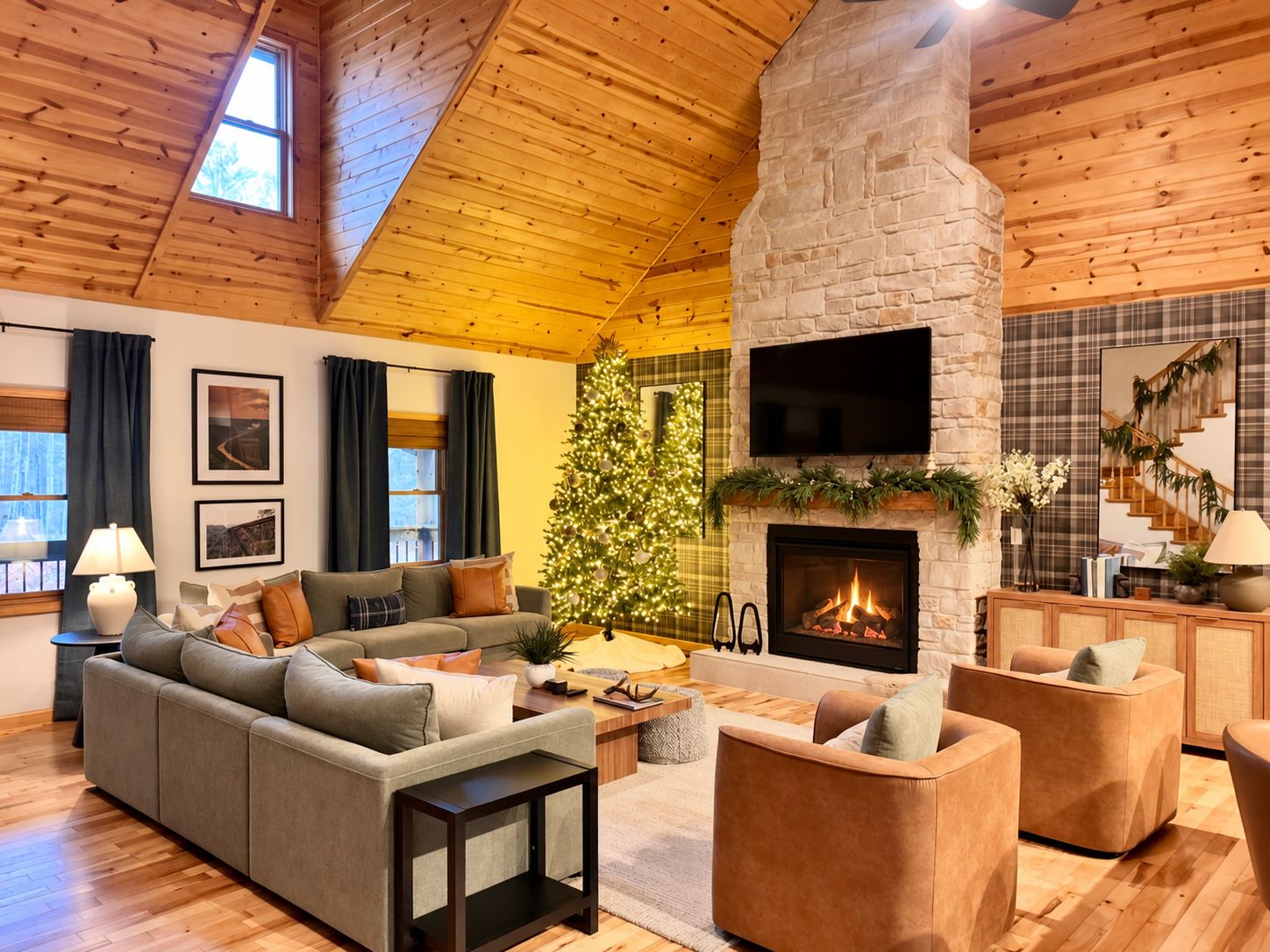 Gather around the glowing fireplace and Christmas tree for cozy holiday evenings