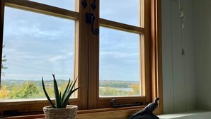 Een kamer met een groot raam, een kamerplant, een plank met boeken en een beeldje van een vogel.