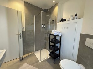 Shower, hair dryer, towels, soap