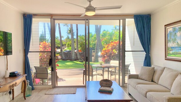 Una sala de estar con sofá, mesa de centro, televisor y puerta corrediza de vidrio que da a un patio con vista a palmeras y césped.