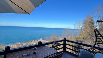 A wooden deck with a table and chairs, a hanging chair, and a view of the ocean.