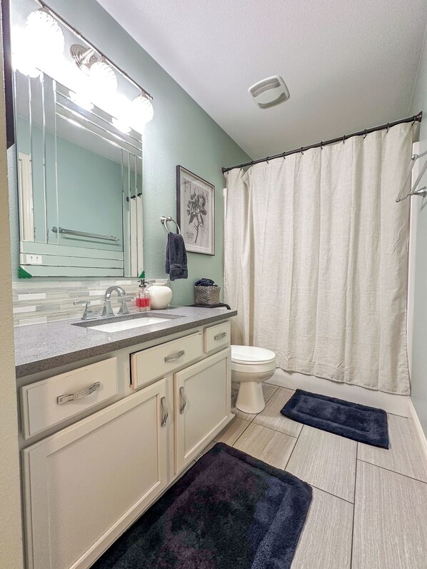 A bathroom with a sink, mirror, toilet, and shower curtain. - Spacious/Clean 4 Bedroom 2 Bathroom Home away from Home. (Mandan)