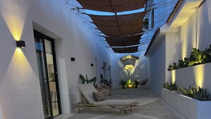 A modern outdoor lounge area with a seating arrangement, a water feature, and potted plants.