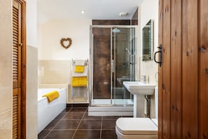 Shower, jetted tub, hair dryer, towels