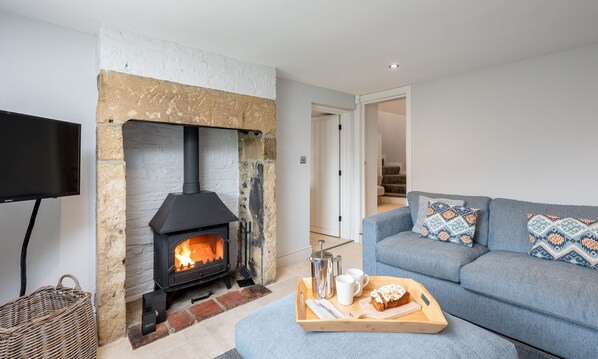 Smart TV, chimenea y estéreo