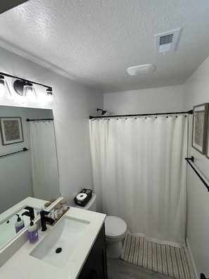 Hair dryer, towels, soap, shampoo