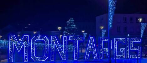 Illuminated letters spelling "MONTARGIS" in a public space at night.
