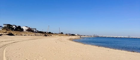 A sandy beach with footprints, a clear blue sky, and a distant pier.