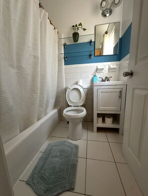 Hair dryer, towels, soap, toilet paper