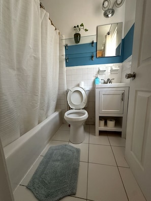 Hair dryer, towels, soap, toilet paper