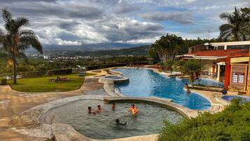 A swimming pool with a curved design, surrounded by palm trees and a view of distant buildings.