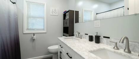 Une salle de bain moderne avec un lavabo blanc, deux robinets, des toilettes et un rideau de douche.