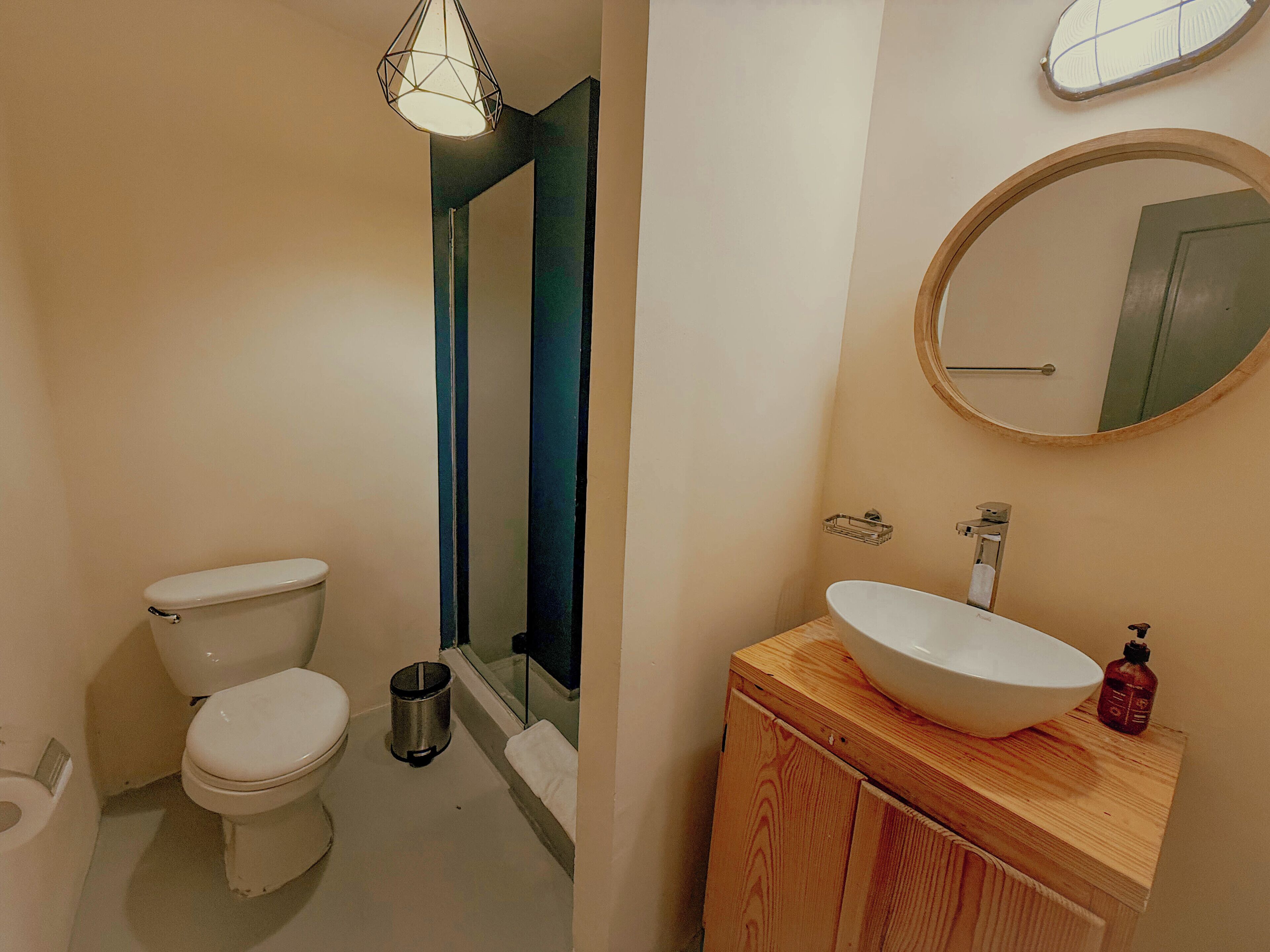 A bathroom with a toilet, a sink, a mirror, and a shower area.