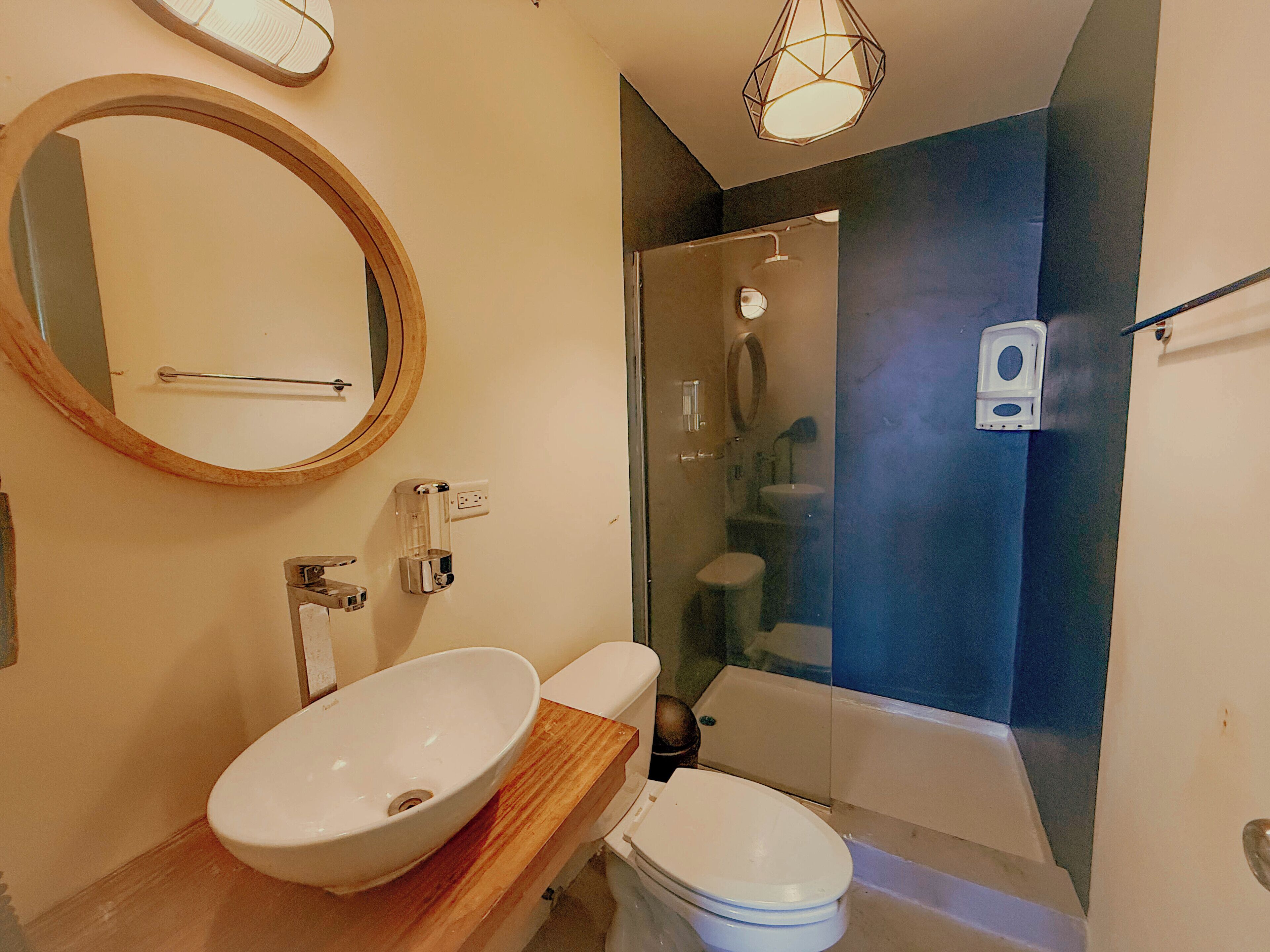 A modern bathroom with a wooden vanity, a large oval sink, a toilet, a shower, and a mirror.