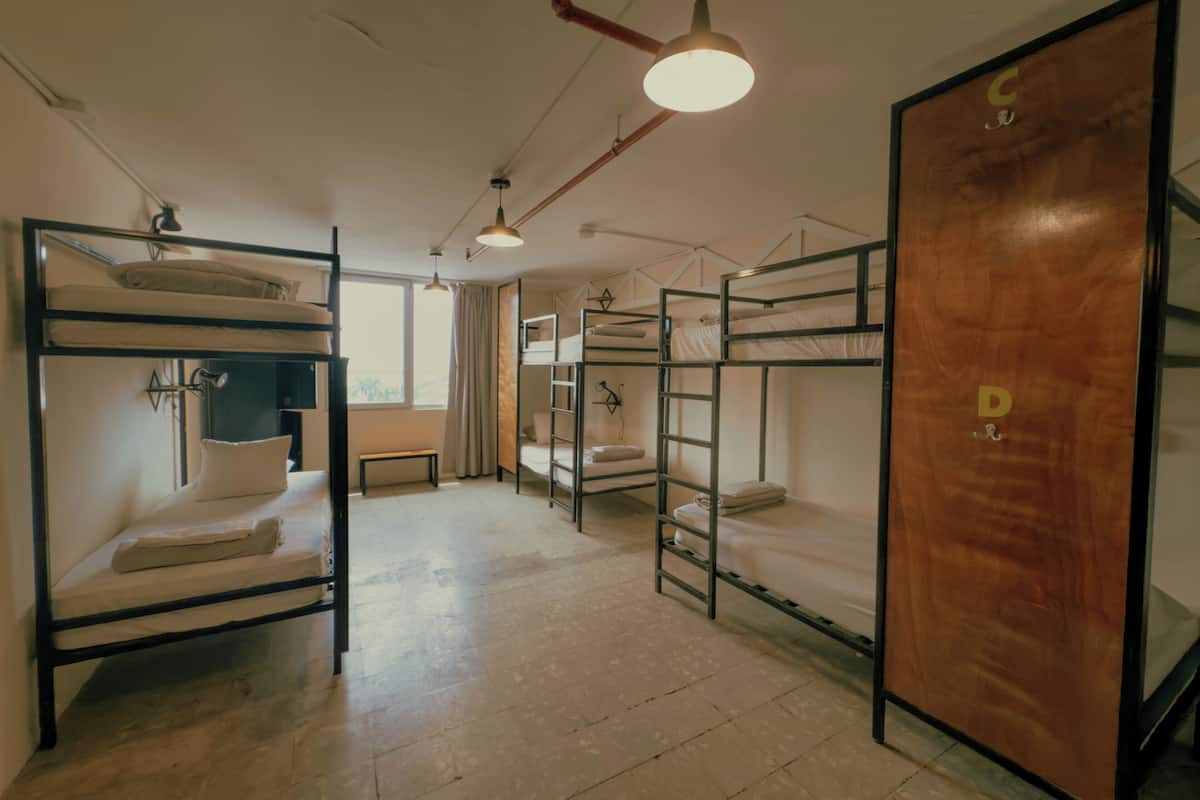 Um dormitório com beliches, uma porta de madeira e um banco.