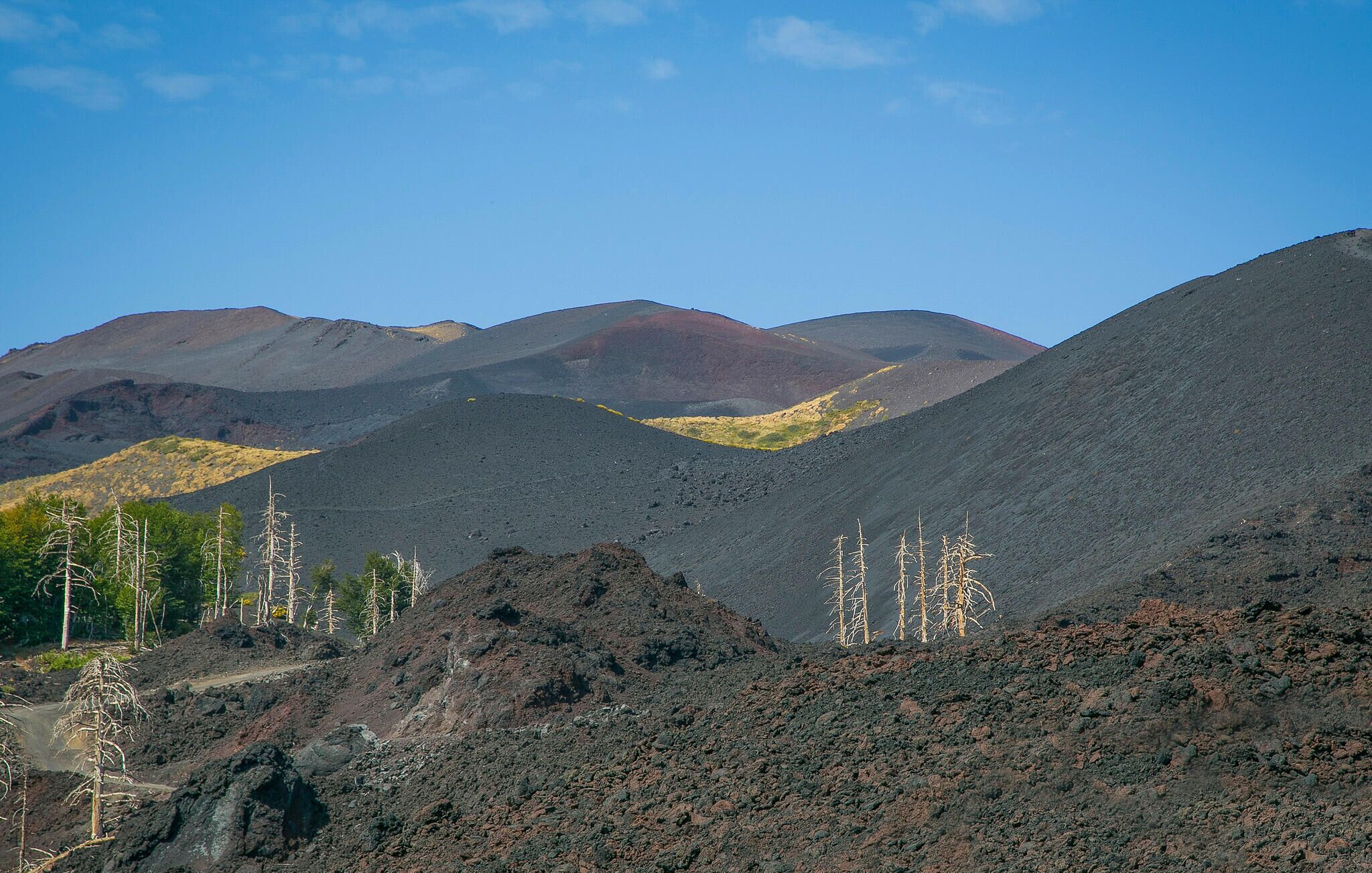A volcanic landscape with barren hills and sparse vegetation.