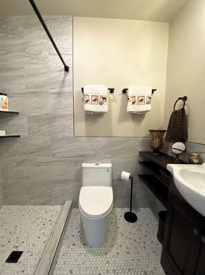 Douche, sèche-cheveux, serviettes fournies, savon