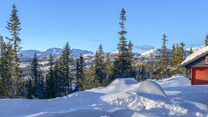 Eine verschneite Landschaft mit einer Hütte und schneebedeckten Bergen im Hintergrund.
