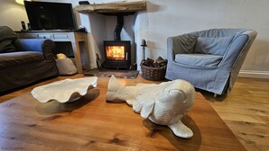 A cozy living room with a fireplace, a television, and a comfortable armchair. - Bay Cottage -  a cottage that sleeps 6 guests  in 3 bedrooms (Portloe)
