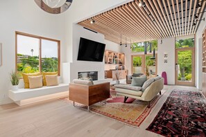 Smart TV, fireplace, books, stereo