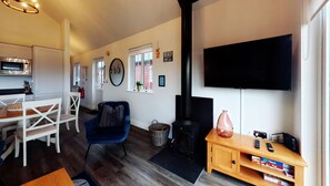 Smart TV, fireplace, ping pong, books
