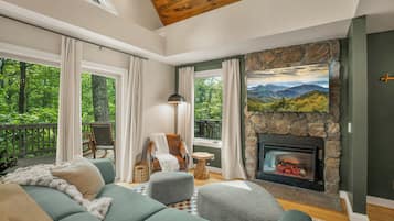 Smart TV, fireplace, table football, books