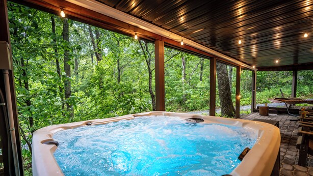 Un bain à remous avec vue sur une forêt.
