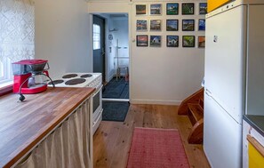 Fridge, stovetop, coffee/tea maker