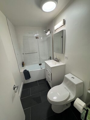 Hair dryer, towels, soap, toilet paper