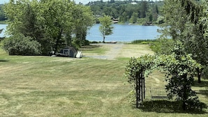Un champ herbeux avec un petit abri et un banc près d’un arbre.