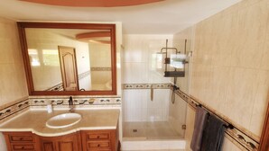 Une salle de bain avec un grand miroir, un lavabo, une douche et un porte-serviettes.