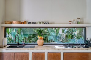 Family Villa, 3 Bedrooms, Accessible Bathtub, Pool Access | Shared kitchen | Fridge, stovetop, cookware/dishes/utensils, freezer -  Bōld - Modern Tropical Pool Villas (Pecatu)