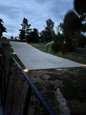 A paved pathway with a metal fence on one side and trees in the background.