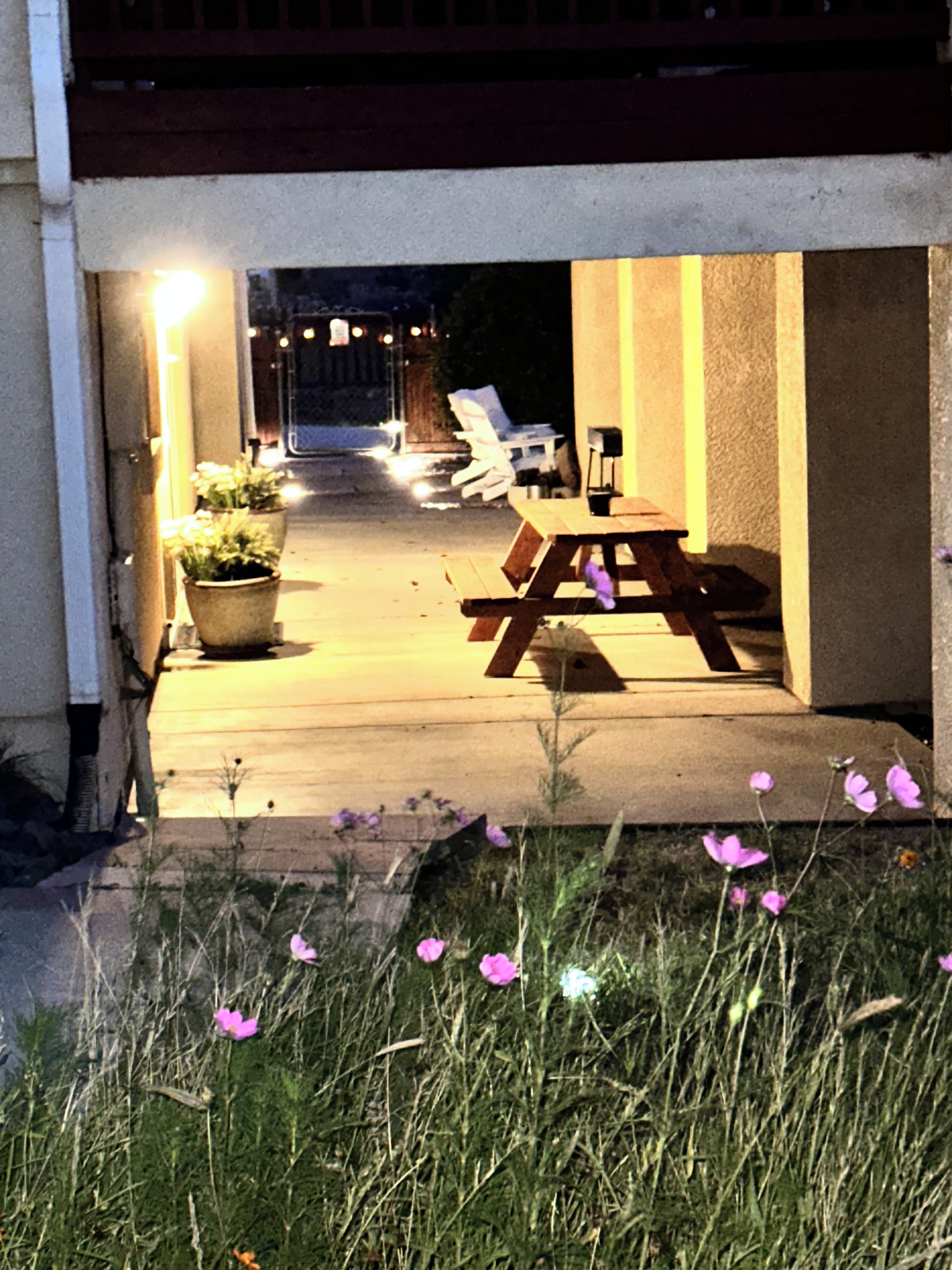 An outdoor patio area with a wooden table and chairs, potted plants, and a pathway leading to a building entrance.