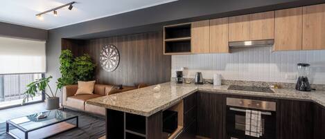 Fridge, microwave, oven, coffee/tea maker