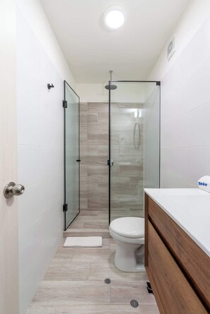 A modern bathroom with a glass shower enclosure, a toilet, and a wooden vanity.