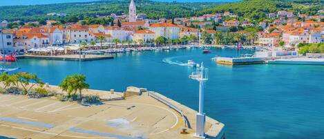 A waterfront marina with boats, a dock, and a town with red-roofed buildings in the background.