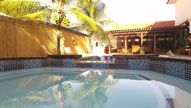 A swimming pool with tiled edges, surrounded by palm trees and a thatched wall. - Tropical Comfort: Your Curaçao Retreat Awaits (Willemstad)