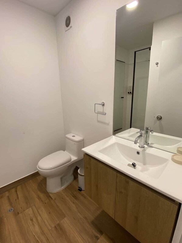 Une salle de bain moderne avec des toilettes, un lavabo, un miroir et un revêtement de sol en bois.