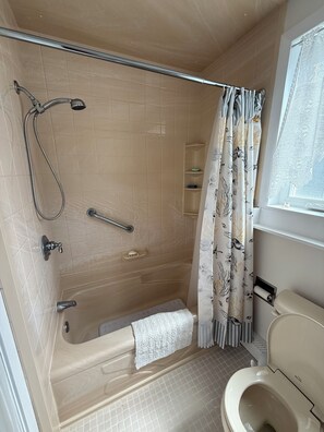 Shower, towels, toilet paper