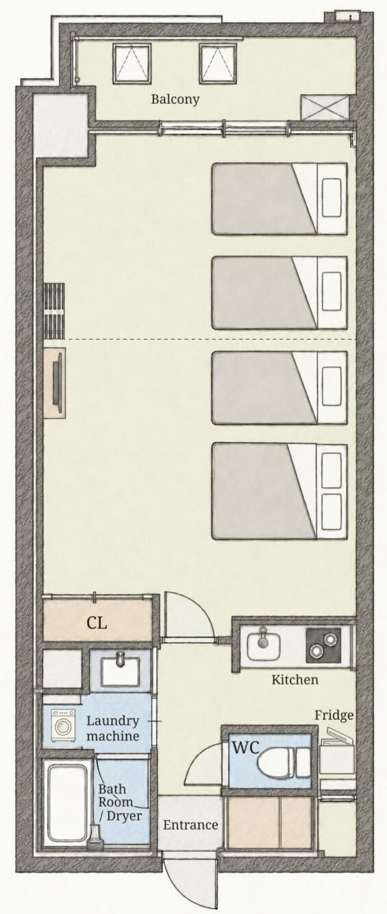 Plano de planta de un hotel con balcón, varias habitaciones, cocina, lavadero y baño.