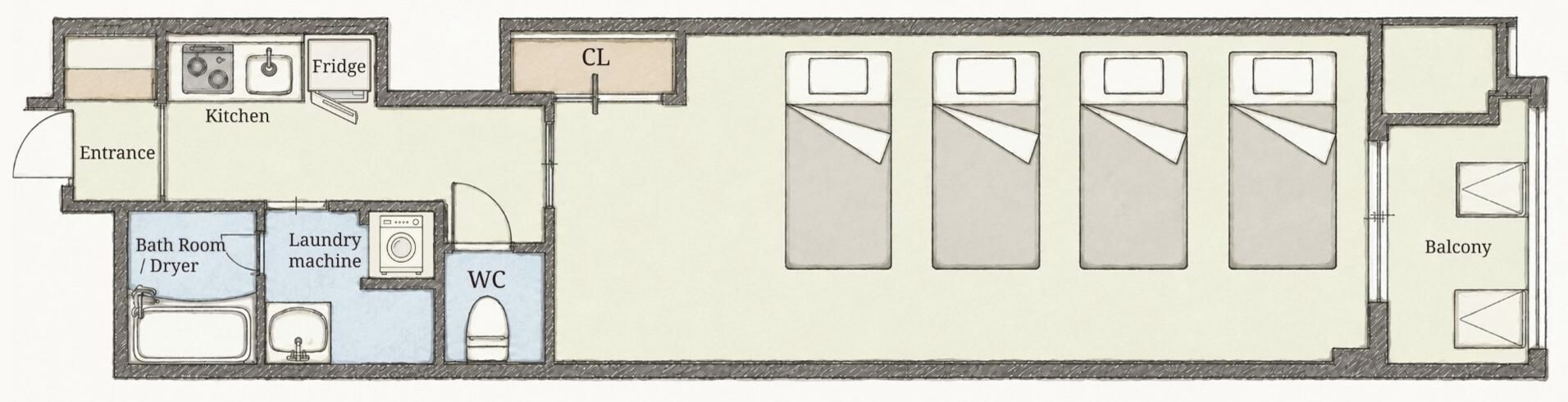 A floor plan with a kitchen, bathroom, laundry area, and balcony.