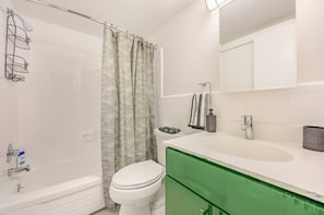 Hair dryer, towels, soap
