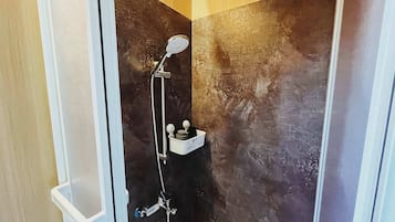 Shower, hair dryer, towels, shampoo