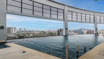 A rooftop infinity pool with a city view, large windows, and a modern architectural design.