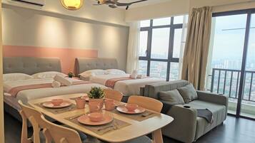 Deluxe Studio, 2 Queen Beds, Balcony, City View | Desk, free WiFi