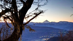 Eine Holzhütte mit Metall-Dach und Steinwänden mit Blick auf ein Gebirge.