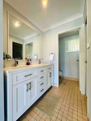 Hair dryer, towels, soap, toilet paper